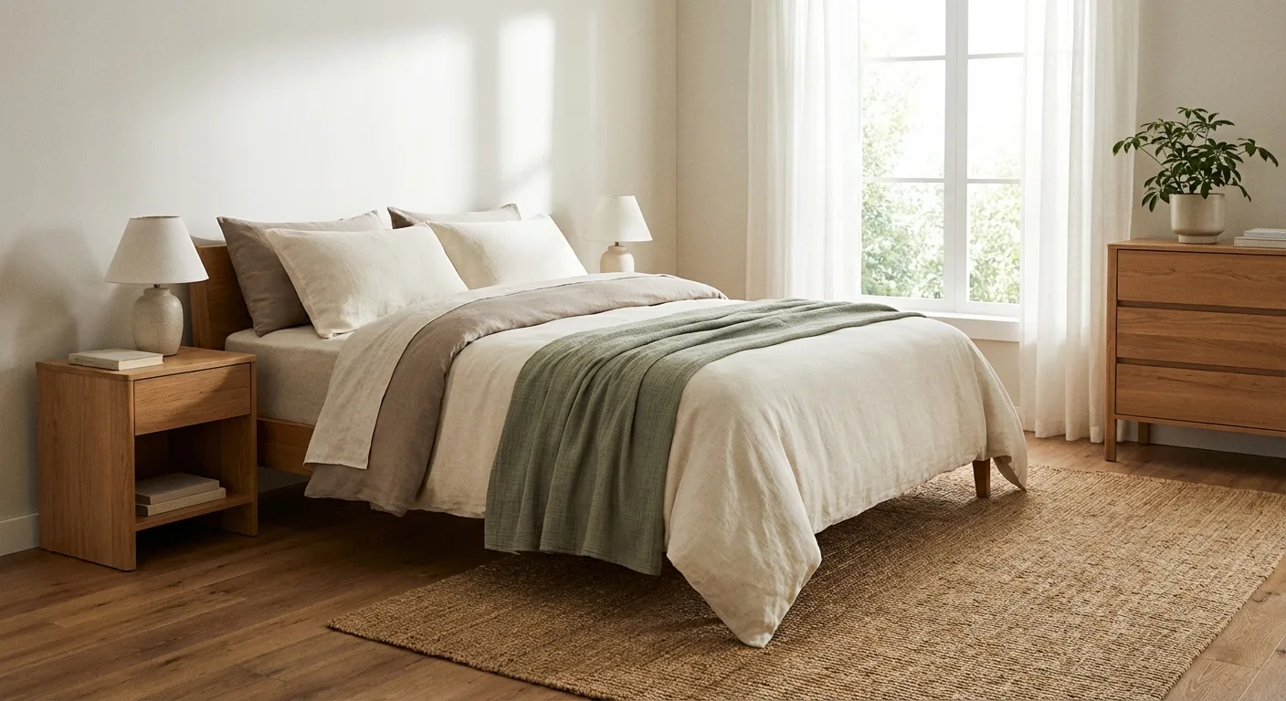 A tranquil bedroom with decluttered surfaces, neat bed linens, and a soothing colour palette.