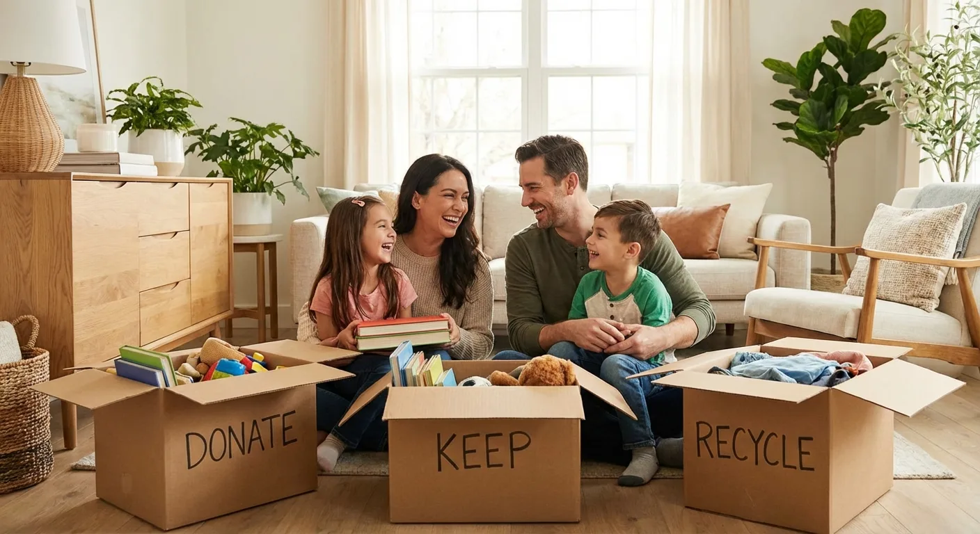 A smiling family organising items together with boxes for sorting, creating an encouraging and collaborative environment.