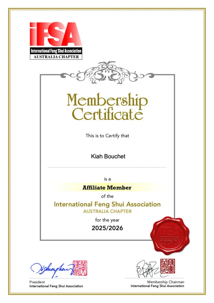 Kiah Bouchet IFSA Feng Shui affiliate certificate